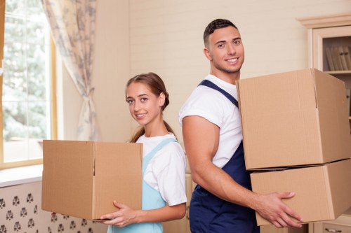 Packed office furniture and equipment prepared for relocation