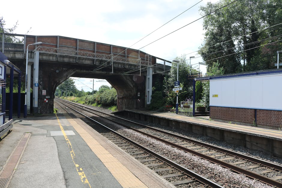 A train station platform at Catford Bridge in London, showing a section of the railway tracks running parallel to the platform. The platform surface is made of concrete with tactile paving strips near the edge for accessibility. A small, sheltered waiting area with blue metal framing and glass panels is visible on the left side. To the right, a white building with a brick foundation and a yellow warning sign is positioned adjacent to the platform. Overhead, multiple electrical wires are suspended above the tracks, connecting to poles along the railway. An overpass bridge constructed with brick and steel spans across the railway, with some wooden planks and metal railings visible on its structure. The scene is well-lit with natural daylight, and there is greenery including trees and bushes surrounding the station area. Movements related to home relocation or furniture transport are supported by the visible loading and unloading context, with Movers Catford potentially managing logistics through narrow access points like this station environment.